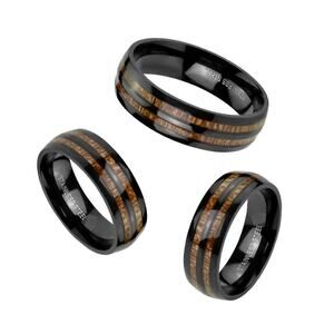 Double Wood Inlay Center Black IP Stainless Steel Ring 7mm width size 11